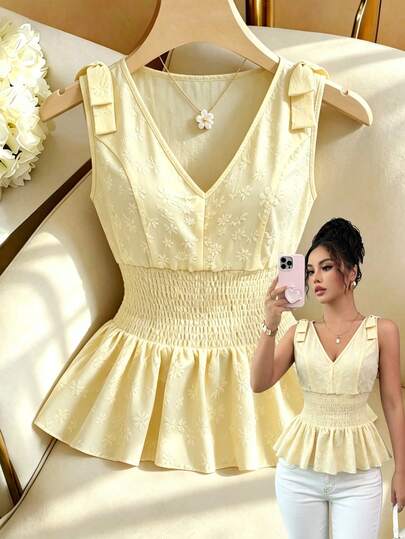 Elenzga Summer New Shirred Bowknot Jacquard Peplum Sleeveless Blouse For Women