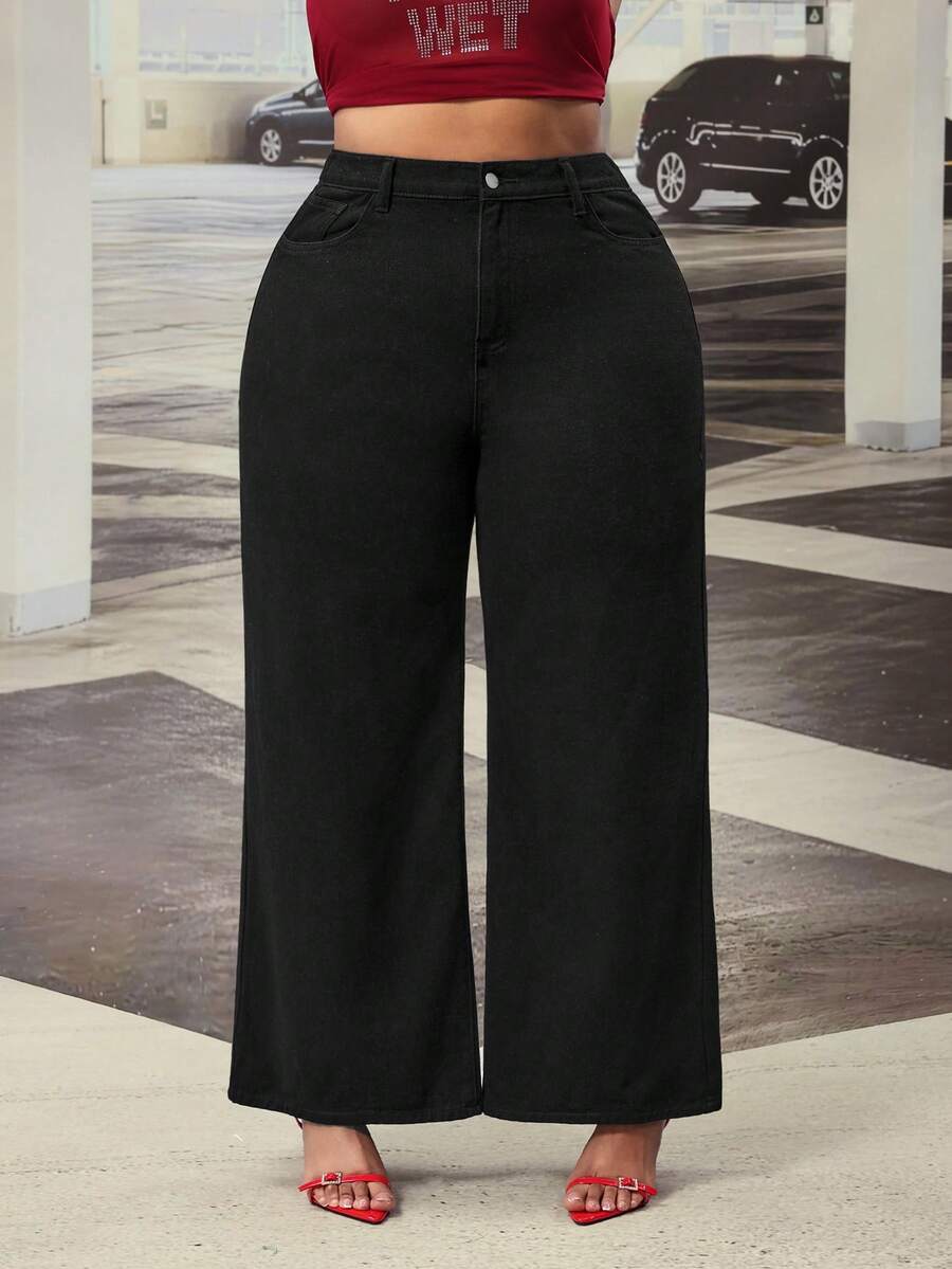 SHEIN EZwear Plus High Waist Flare Leg Jeans Black Baggy Jeans - Black - View 1