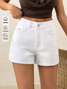 SHEIN Hochtailliger Regular Fit Lässig Stil Knopfverschluss Weiß Rohe Waschung Jeans Shorts - Weiss - Übersicht 2
