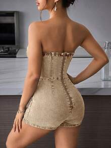 SHEIN PETITE Bộ áo liền quần denim cổ yếm khóa kéo sau lưng, kiểu dáng thường ngày, thoải mái cho nữ mùa hè và kỳ nghỉ. - Màu Khaki - Xem 2