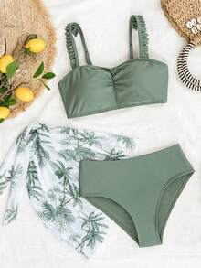 SHEIN Conjunto de traje de baño para niña preadolescente de color verde militar sólido, con parte superior sin tirantes con volantes, pantalones de baño triangulares, falda pareo, diseño elegante y casual, adecuado para nadar, vacaciones y verano (patrón aleatorio). Conjuntos de traje de baño, conjuntos de bikini conservadores, conjuntos de bikini de cobertura completa, conjuntos de traje de baño de tres piezas para niñas, ropa de playa, conjuntos de bikini para niños y niñas, trajes de baño a juego para niñas, conjuntos de traje de baño de verano, conjuntos de traje de baño de verano de dos piezas y tres piezas, conjuntos de bikini de tres piezas con faldas pareo - Verde - Ver 1