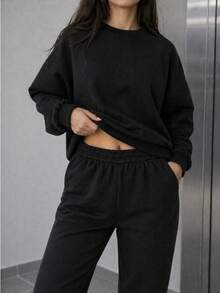 Conjunto para mujer estilo casual urbano estampado de letras tela suave holgado capucha manga larga otoño invierno uso diario set dos piezas sudadera - Negro - Ver 2