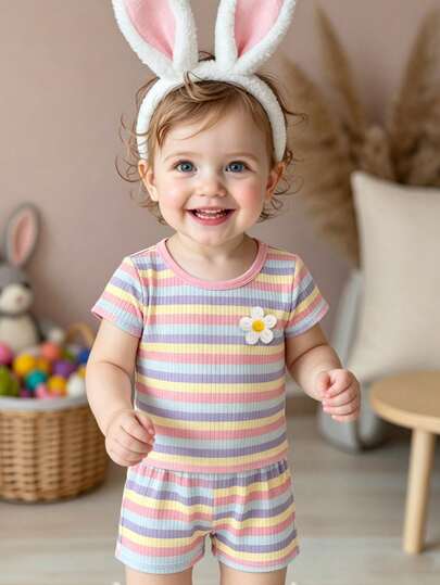 Bộ 2 món cho bé gái sơ sinh và trẻ nhỏ (6 tháng - 2-3 tuổi) gồm áo thun ngắn tay và quần short gân sọc cầu vồng màu Macaron tươi mát/nhẹ nhàng, trang phục nhẹ nhàng cho mặc hàng ngày, đi học, đi chơi, mùa xuân/hè/thu.