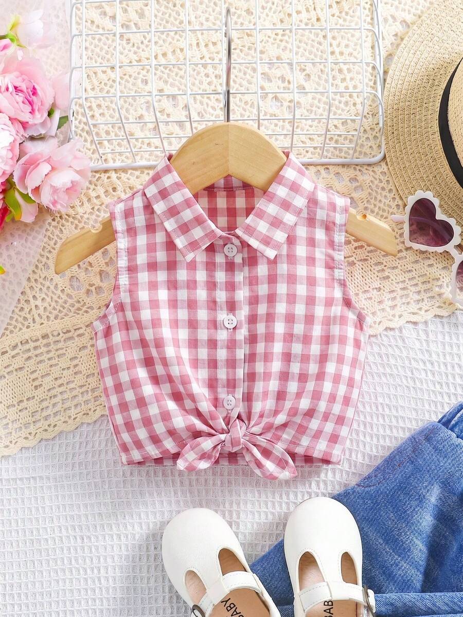 SHEIN Áo sơ mi ngắn tay kẻ sọc dệt kim kiểu dáng thường ngày dành cho bé gái - Hồng - Xem 1