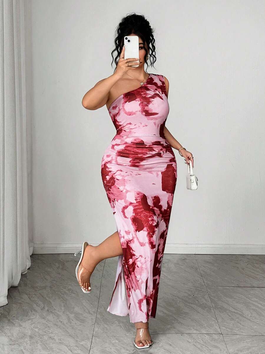 SHEIN Clasi 大码女式针织优雅法式不对称肩部酒红色和粉色扎染网纱双层修身褶皱连衣裙 - 粉色 - 查看 1