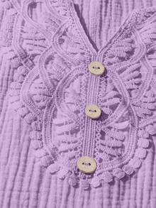 SHEIN LUNE CURVE Plus Size Casual Solid Color Lace Patchwork Shirt - Purple - View 5
