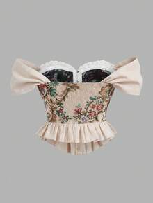 SHEIN Young Girl Elegant Jacquard Off Shoulder Ruffle Corset Structure Hem Top, Jacquard Satin Blouse - Khaki - View 2