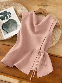 SHEIN LUNE CURVE Áo không tay dáng ôm eo, chất liệu giả lanh nhẹ, màu kaki, cỡ lớn, có thắt lưng, kiểu dáng thon gọn, thích hợp cho mùa hè. - Hồng - Xem 1