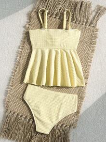 SHEIN Bộ đồ bơi tankini dệt kim họa tiết sao biển màu vàng kim loại dành cho bé gái, thích hợp cho kỳ nghỉ hè, đi biển, du lịch. - Màu vàng - Xem 2