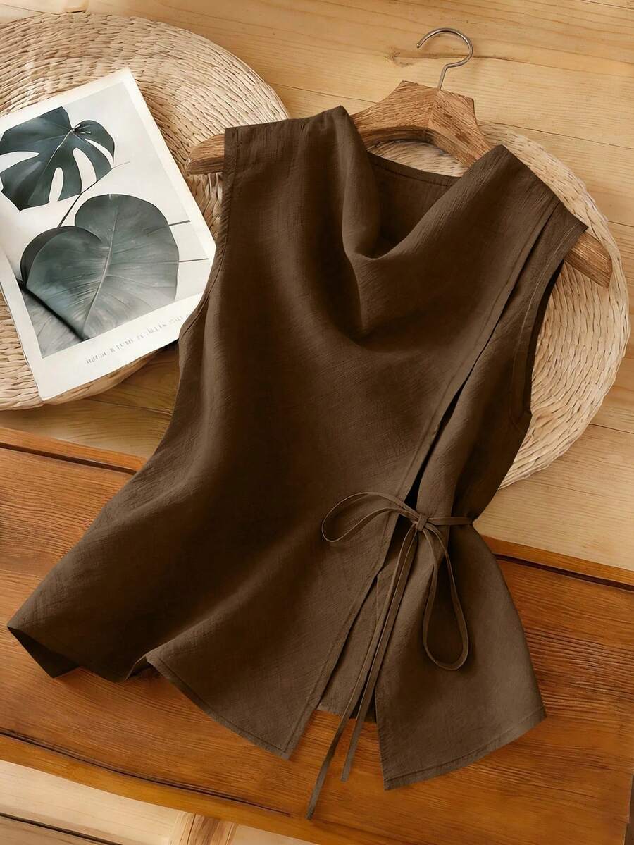 SHEIN LUNE CURVE 大尺碼新款輕量亞麻感面料收腰無袖上衣附腰帶,修身顯瘦夏季款 - 咖啡棕 - 查看 1
