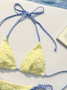 Swim Mod 女士26SS春夏新款向日葵刺绣面料撞色蓝色格子系带V领露背三角比基尼上下装两件套泳衣，甜美海滩假日 - 黃色 - 查看 6