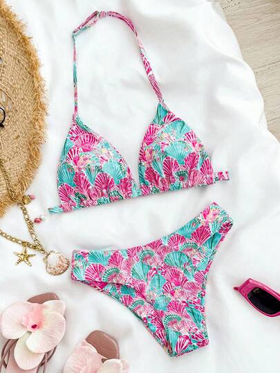 SHEIN ชุดบิกินี่ลายเปลือกหอยสำหรับวัยรุ่นหญิง, สไตล์ลำลองสำหรับวันหยุดพักผ่อนริมชายหาด