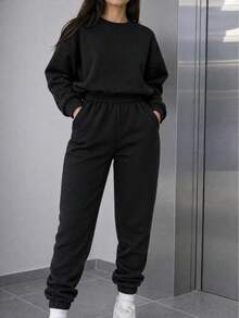 Conjunto para mujer estilo casual urbano estampado de letras tela suave holgado capucha manga larga otoño invierno uso diario set dos piezas sudadera - Negro - Ver 1