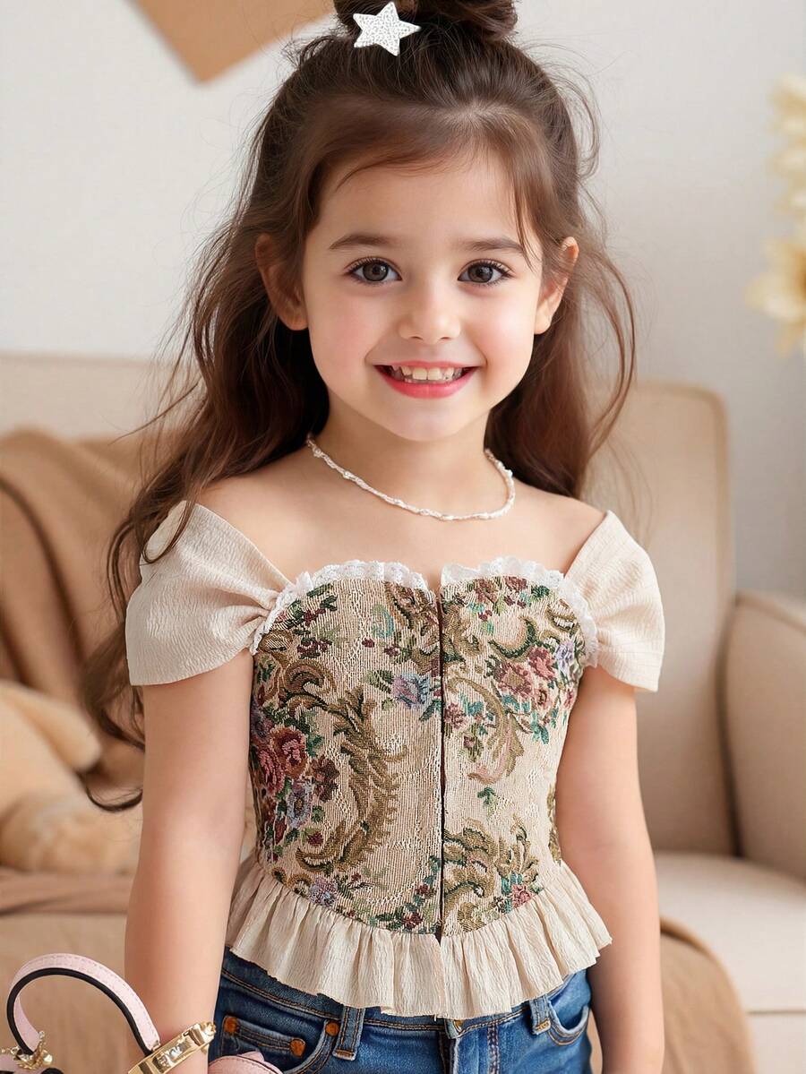 SHEIN Young Girl Elegant Jacquard Off Shoulder Ruffle Corset Structure Hem Top, Jacquard Satin Blouse - Khaki - View 1