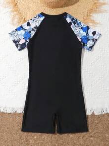 SHEIN Tween Girls Colorful Printed Patchwork Short Sleeve One-Piece Swimsuit Summer Holiday - Black - View 2