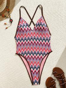 SHEIN Swim 夏季新款多色纹理面料深V高开衩交叉露背带沙滩浪漫度假连体泳衣（女款） - 彩色 - 查看 6