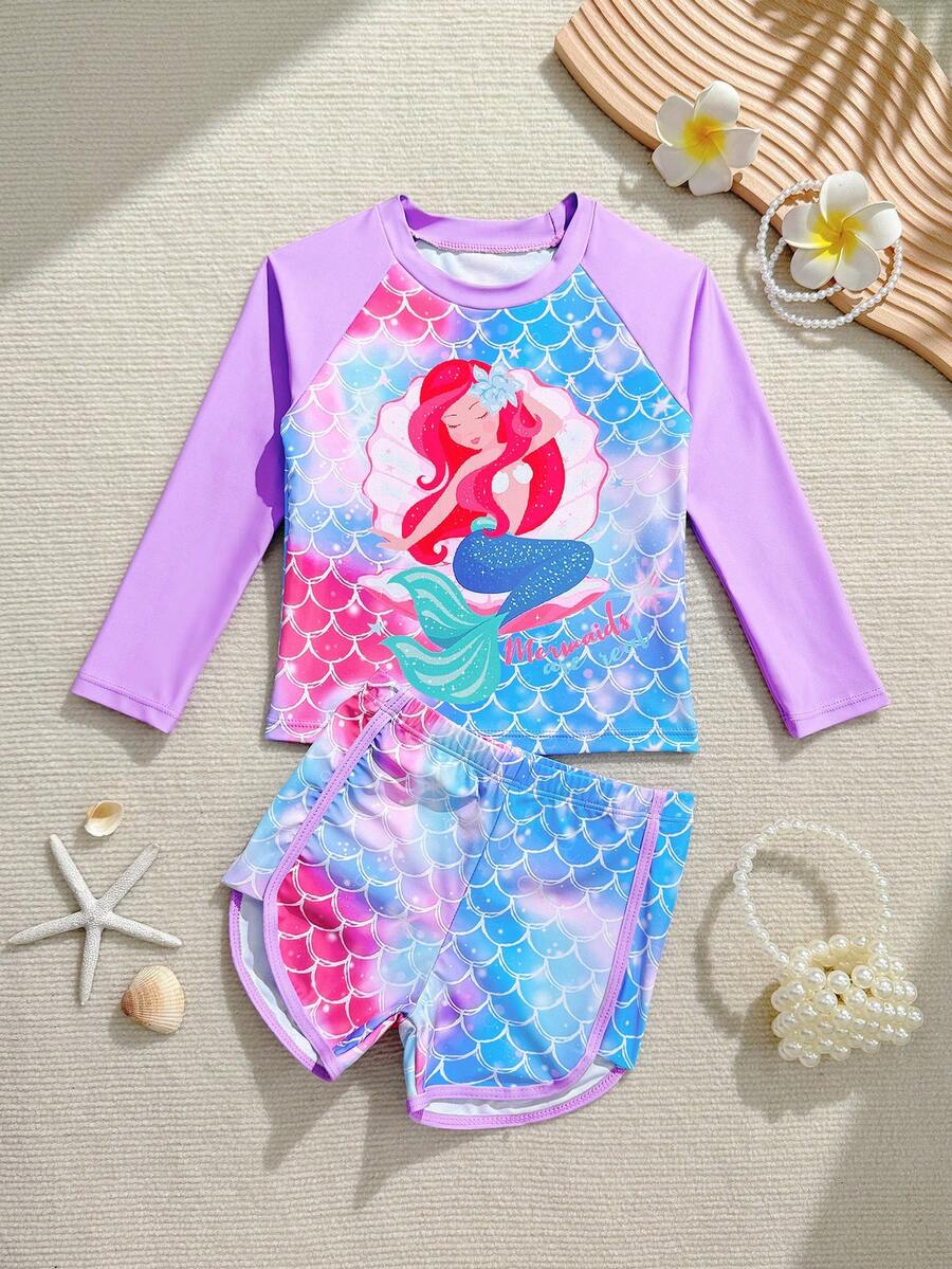 SHEIN Mermaid Print Long Sleeve Swimsuit Set, Purple, Vibrant Fish Scale Pattern Allows Kids To Swim Through Fairy-Tale Underwater World - Multicolor - View 1