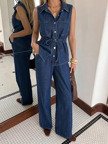 DAZY Bộ đồ nữ thường ngày gồm áo sơ mi có túi lưng và quần jeans ống rộng, thích hợp cho mùa xuân/hè. - Màu xanh lam - Xem 4