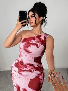 SHEIN Clasi 大码女式针织优雅法式不对称肩部酒红色和粉色扎染网纱双层修身褶皱连衣裙 - 粉色 - 查看 2