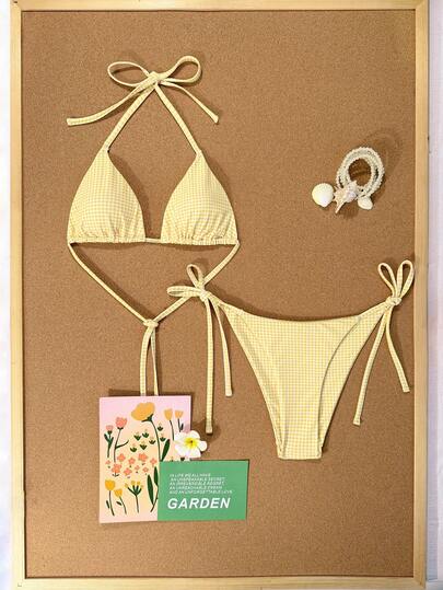 Swim Mod 2026 Spring/Summer Yellow Plaid Gorgeous Bikini Swimsuit, Sexy Halter Neck Padded Swimwear For Beach Vacation