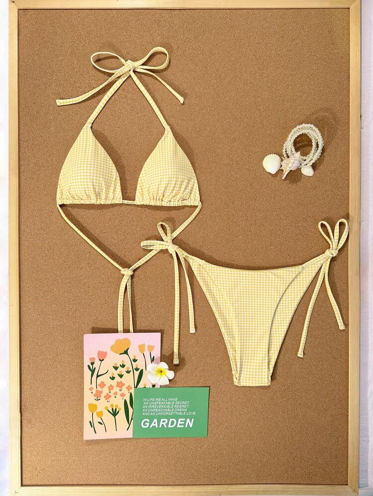 Swim Mod 2026 Spring/Summer Yellow Plaid Gorgeous Bikini Swimwear, Sexy Halter Neck Padded Swimwear For Beach Vacation - Multicolor - View 1
