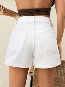 SHEIN Hochtailliger Regular Fit Lässig Stil Knopfverschluss Weiß Rohe Waschung Jeans Shorts - Weiss - Übersicht 3