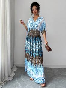 SHEIN Lacomfia 女士夏季度假休闲印花收腰V领蝙蝠袖连衣裙 - 彩色 - 查看 2