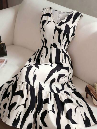 GlowEve CURVE Robe d'été mode grande taille pour femme, col V, taille cintrée, imprimé géométrique noir et blanc sans manches pour le travail