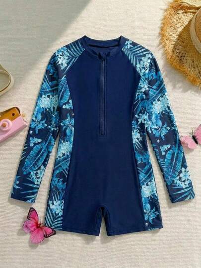 SHEIN Emery Rose Kids Traje de baño de una pieza con estampado de plantas tropicales azul marino para niñas, cubrecuerpo de manga corta con color contrastante, estilo conservador, adecuado para vacaciones de verano y deportes