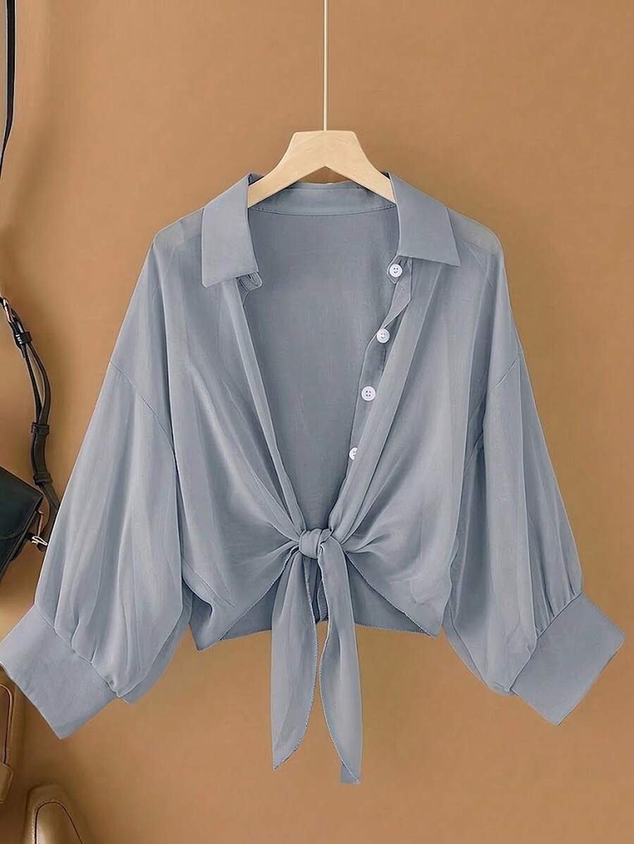 Calvaya Plus Size Casual Solid Color Tie-Up Shirt - Dusty Blue - View 1