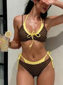 Swim Mod Women's Polka Dot Print Halter Tie Back Swimsuit Set, 2pcs For Summer Holiday Beach Wear - Multicolor - View 3