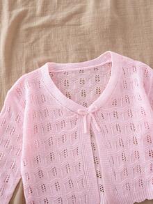 SHEIN Tween Girl 針織開襟衫，粉色夏季休閒甜美校園返校風，領口綁帶長袖柔軟秋季上衣，適合海灘度假 - 粉色 - 查看 4