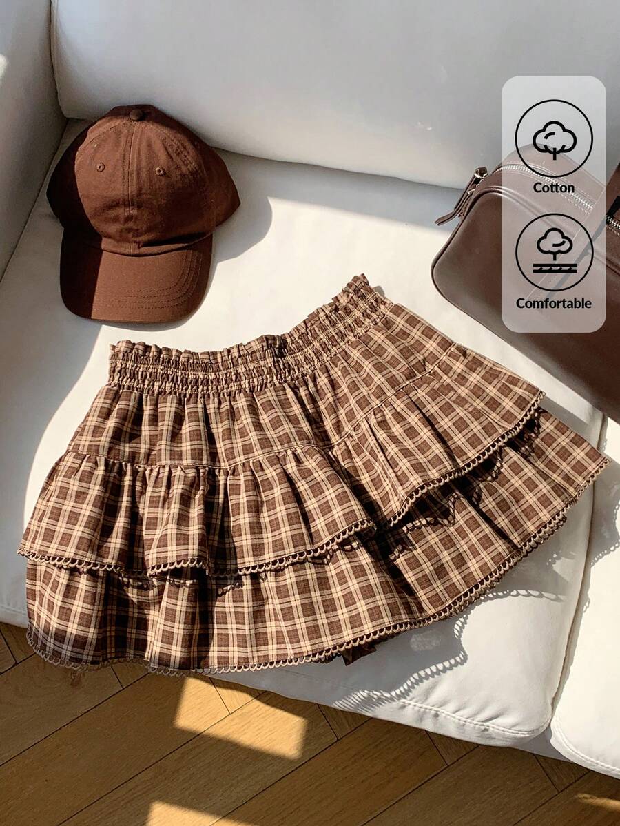 Comfortcana 女款夏季休閒復古格紋編織荷葉邊裙 - 棕色 - 查看 1