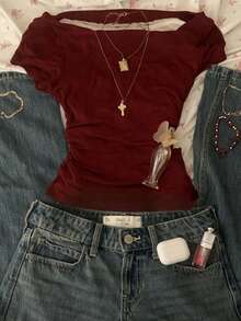INAWLY Women's Fashion Pleated Burgundy 2 In 1 T-Shirt - Burgundy - View 1