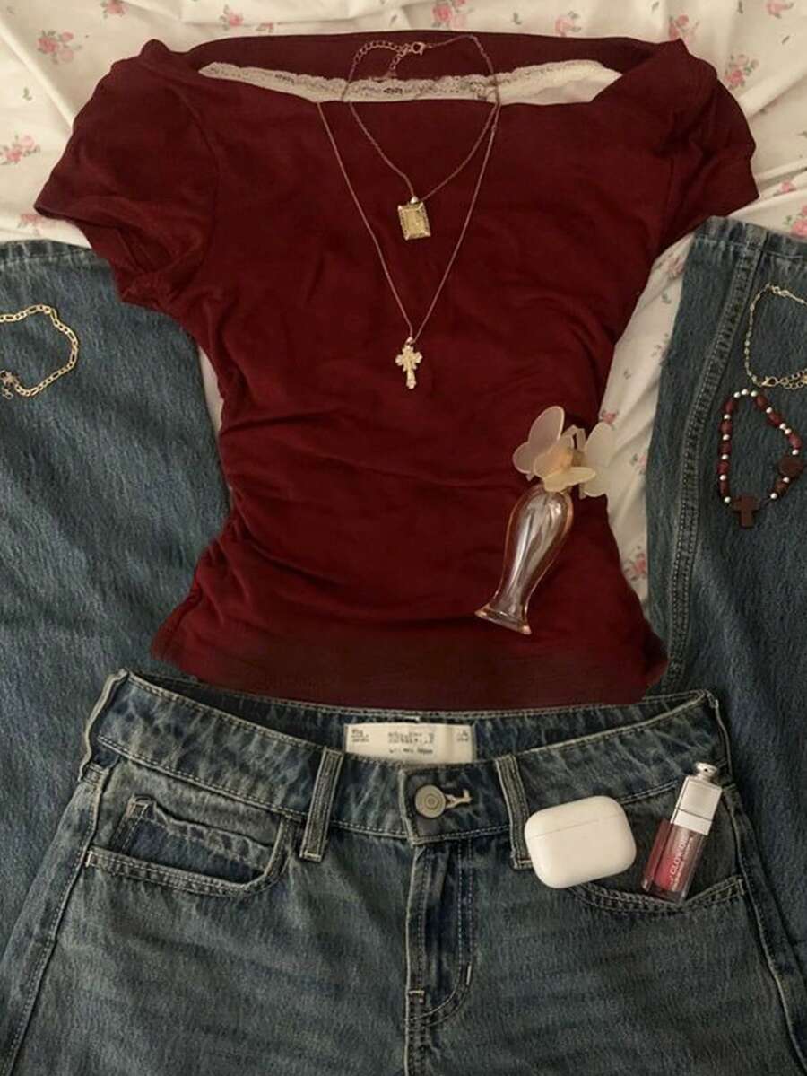 INAWLY Women's Fashion Pleated Burgundy 2 In 1 T-Shirt - Burgundy - View 1