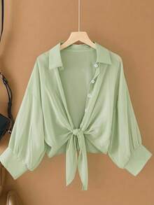 Calvaya Plus Size Casual Solid Color Tie-Up Shirt - Green - View 1