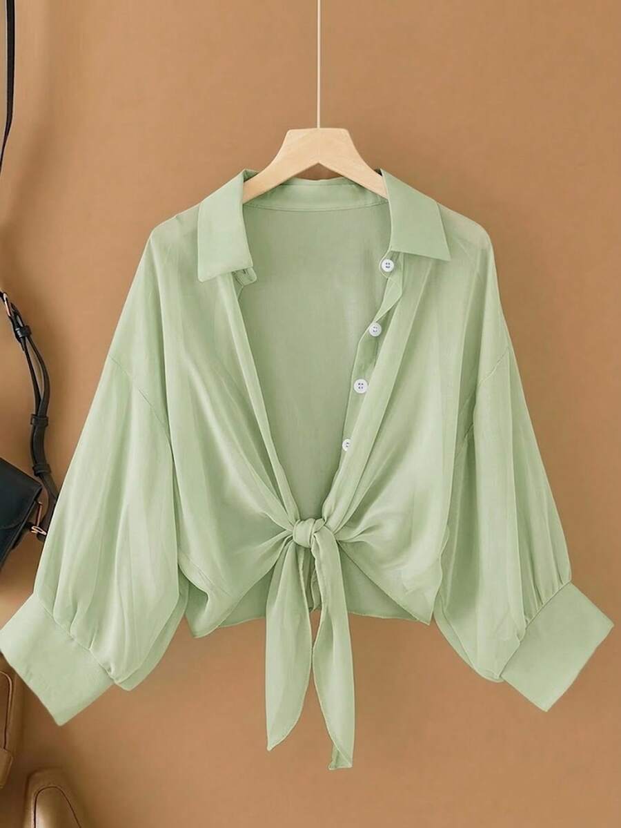 Calvaya Plus Size Casual Solid Color Tie-Up Shirt - Green - View 1