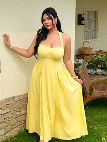 FleurLily Vestido camisola de tela texturizada de color amarillo claro elegante para mujer de talla grande con cuello cuadrado, lazo en la espalda, cintura ajustada, falda acampanada, sin mangas, con adorno de encaje, adecuado para oficina, viajes, graduación, vacaciones, San Valentín, festivales de música, Día de la Madre, Halloween, Acción de Gracias, Pascua, Día Nacional, baile de graduación, citas, bodas, actividades al aire libre - Amarillo claro - Ver 4