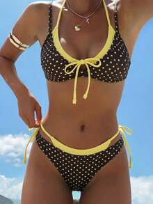 Swim Mod Women's Polka Dot Print Halter Tie Back Swimsuit Set, 2pcs For Summer Holiday Beach Wear - Multicolor - View 1