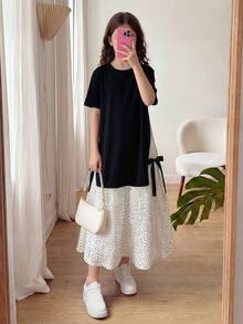 SHEIN 1件女童休闲通勤连衣裙，带可拆卸蝴蝶结装饰，圆领短袖中长款，适合旅行或上学场合。 - 黑色 - 查看 2