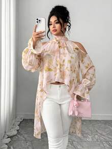Elenzga Plus Size Women Elegant Woven Long Sleeve Embroidered & Digital Print Semi-Sheer Loose Blouse - Apricot - View 3
