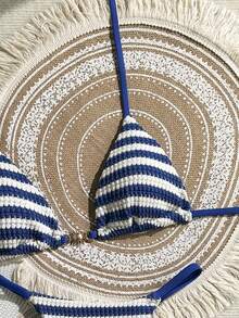 Swim Mod Women's 2026 Spring/Summer New Blue & White Striped Textured Fabric Metal Decor V-Neck Backless Triangle Wrap Strap Bikini 2-Piece Swimwear - Multicolor - View 5