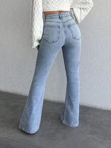 SHEIN بنطلون جينز صغير 98 قطن أزرق فاتح سادة بأسلوب ملابس الشارع الكاجوال إغلاق بأزرار بقصة واسعة للاستخدام اليومي في الصيف - أزرق فاتح - مشاهدة 3