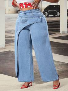 Slaydiva Plus Size Women's High Waist Retro American Patchwork Asymmetric Deconstructed Design Wide Leg Jeans - Light Wash - View 3