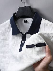Manfinity Homme Men's Knitted Jacquard Solid Color Textured Paris Collar Cuff Ribbed Chest Stripe Buttoned Polo Set - White - View 4