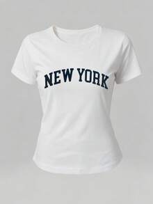 New York Letter Graphic Casual Short Sleeve Round Neck White T-Shirt, Summer - White - View 3