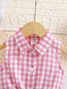 SHEIN Áo sơ mi ngắn tay kẻ sọc dệt kim kiểu dáng thường ngày dành cho bé gái - Hồng - Xem 7