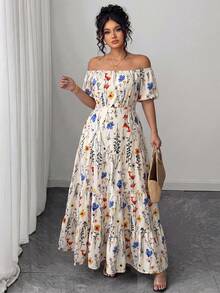 Elenzga Plusstorlek Elegant tryckt klänning med knytning, axlar och midja, axlarfri sommarklänning, sommarlång klänning, blommig elegant klänning, axlarfri blommig klänning, lång blommig klänning, axlarfri klänning, damklänning med axlar och blommig maxiklänning, klänningar för speciella tillfällen, blommiga klänningar, damklänningar - Aprikos - Visa 1