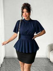 Elenzga Plus Size Women's New Elegant Versatile Batwing Sleeve Cinched Waist Spring/Summer Blouse - Navy Blue - View 6