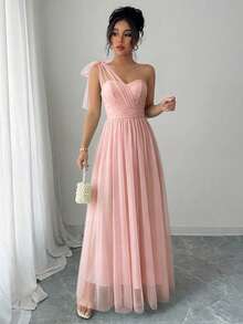 SHEIN Elenzya Đầm chữ A không tay, chất liệu lưới, cổ yếm, thắt nơ ở eo, kiểu dáng thanh lịch và lãng mạn, phù hợp cho đám cưới, tiệc tùng và các buổi họp mặt. - Màu Hồng  San hô - Xem 4